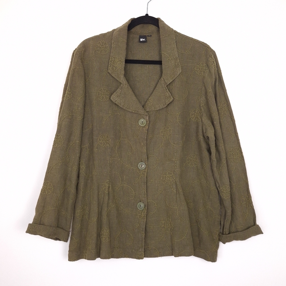 Liv by Habitat linen floral embroidered jacket Lagenlook boho artsy olive green